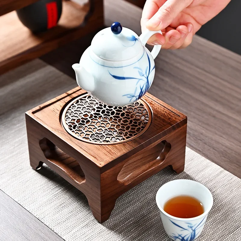 Chinese-Style Tea Cooker for Aromatherapy and Tea Ceremony Handmade Solid Wood Heating Base Zen Walnut Four-Legged Stove