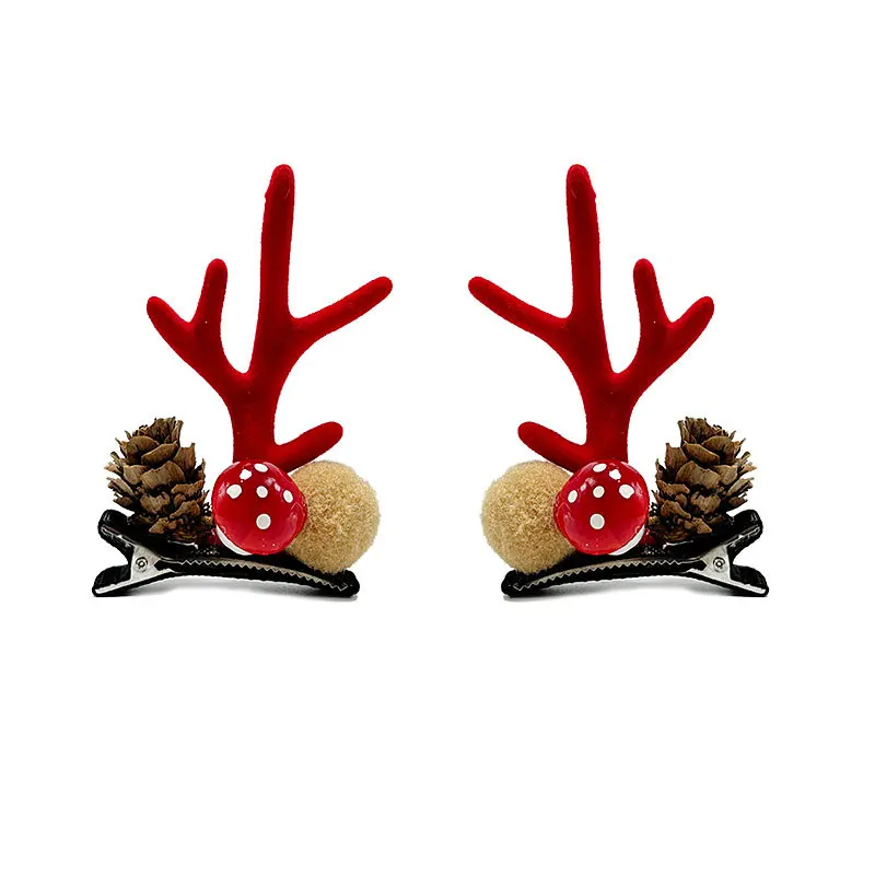 2PCS Christmas Reindeer Antlers Hair Clips, Cute Xmas Deer Horn Hairpins WithPom Poms, Festive Hair Accessories For Christmas