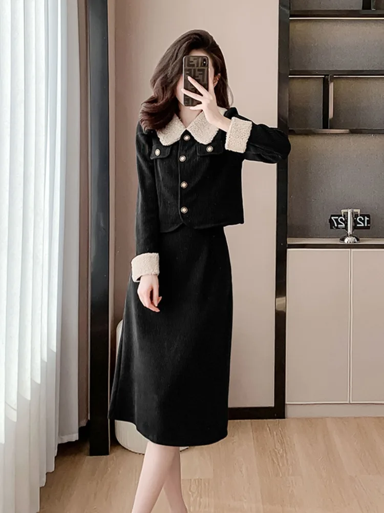 

UNXX High Quality Elegant Woman Vintage Corduroy 2 Piece Set Single-Breasted Lapel Collar Cropped Tops + A Line Long Skirt Suit