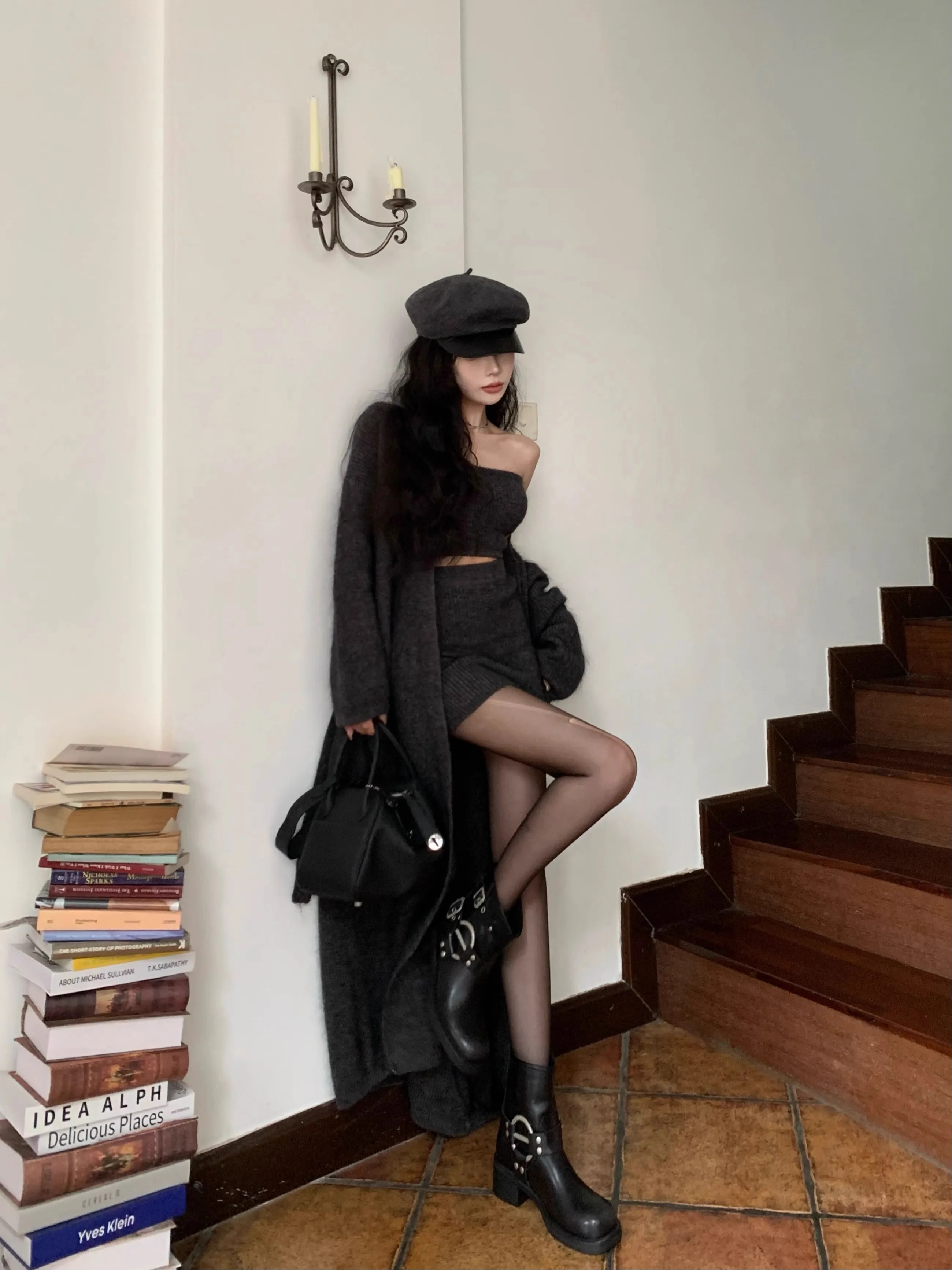 Autumn Winter New Knitted 3-piece Skirt Set Women Solid Long Cardigan Strapless Crop Top Mini Skirt Y2K Korean Chic Knitwear New