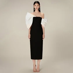 Simple Cocktail Dress Off the Shoulder Sheath/Column Midi Gowns for Women 2023 Draped Sleeves Tea Length Party Dresses