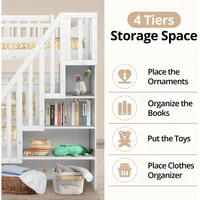 Bunk Beds Twin Over Twin Bunk Bed with Twin Trundle & Staircases, Wood Bunk Bed Frame with Safety Rails,  Kid Bed 1