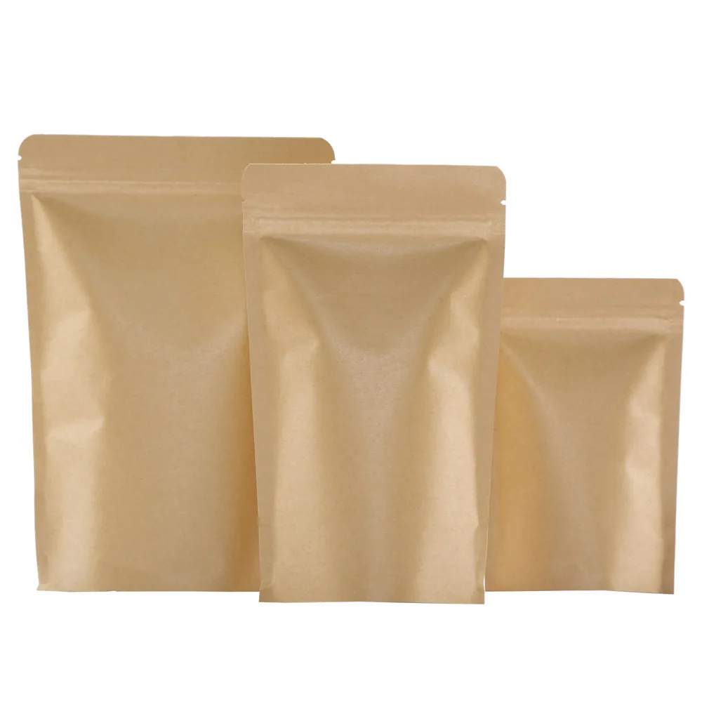 

100pcs Brown Standing Up Kraft Paper Ziplock Bags Inner Aluminum Foil / Food Grade Paper-foil Zipper Pouches Tea Storage Package