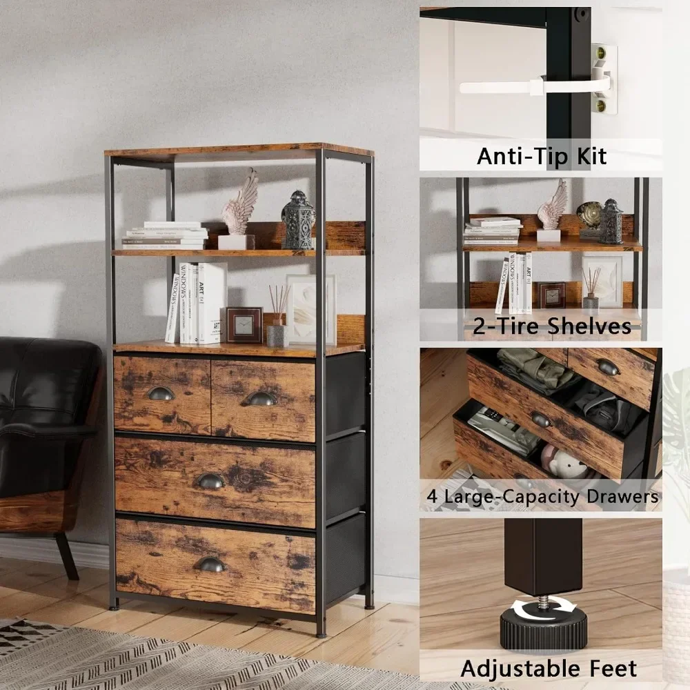Furologee Black Dresser with 4 Drawers and Side Shelf, Industrial  Lightweight Nightstand, Storage Organizer Dresser for Bedroom, Entryway,  Office