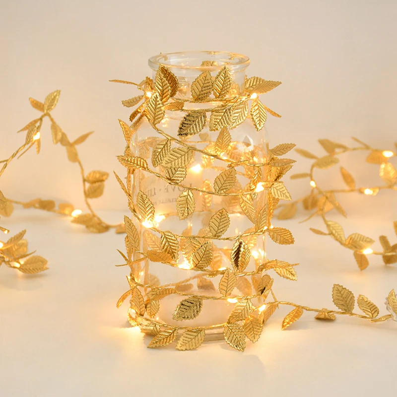 

2M 20LED Golden Leaves String Fairy Light Battery Powerd Led Copper Wire String Light Wedding Birthday Home Party DIY Decoration
