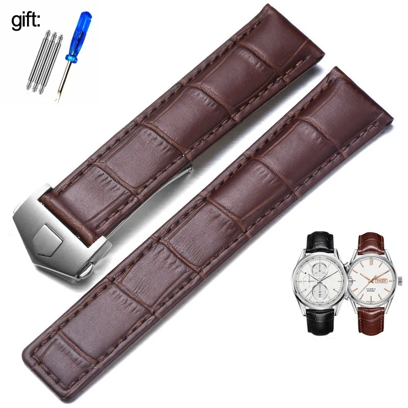 Elegant Genuine Leather Watch Strap - Black/Brown, 19mm-22mm