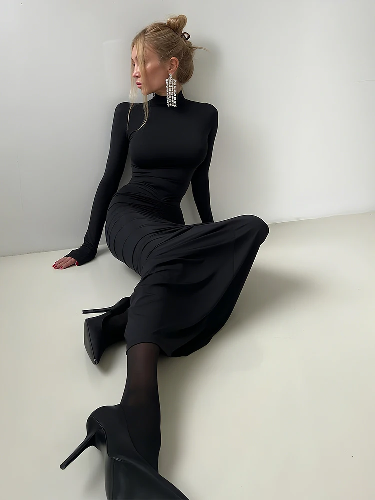Nibber Folds Maxi Dress Women High Neck Long Sleeve Elasticity Solid Skinny Autumn New Trend Elegant Chic Comfortable Vestidos