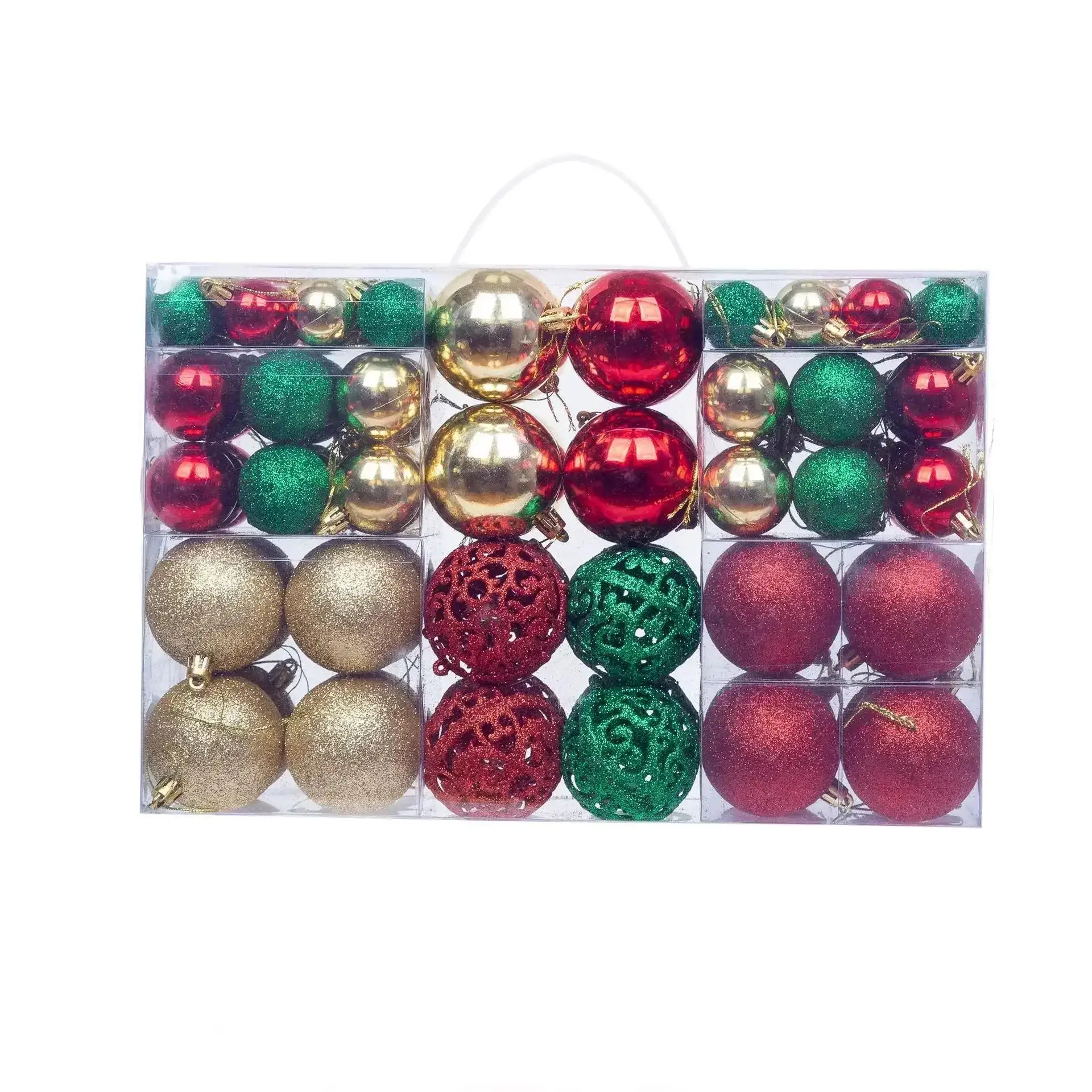 thumbnail image 1 of Juego de 100 bolas navideñas de 3, 4 y 6 cm en caja de PVC, brillantes, de color rosa mate, con bola colgante hueca para decoración de árbol de Navidad, 1 of 5
