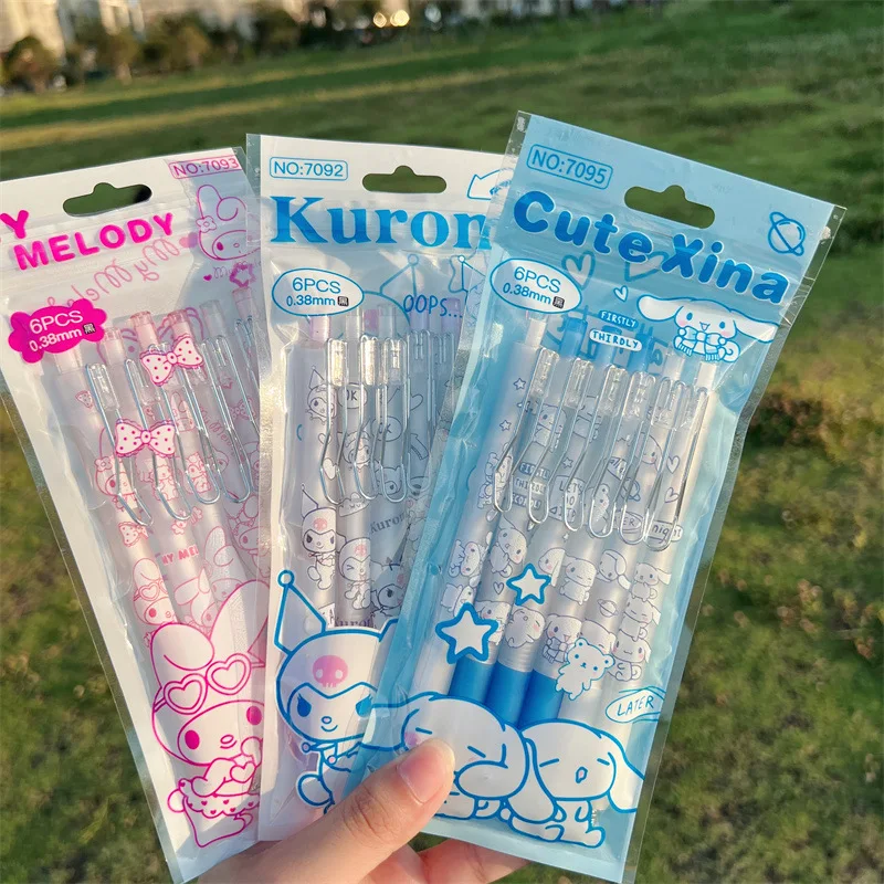 6PCS Set Creative Sanrio Roller Ball Pen Cartoon Anime Stationery Kuromi My Melody Cinnamoroll 0.38Mm Black Student Use 10 30 100pcs 13 16 20mm 26 32 38mm dark black lacquer trigger snap hook swivel clasp hooks for diy leather goods metal parts