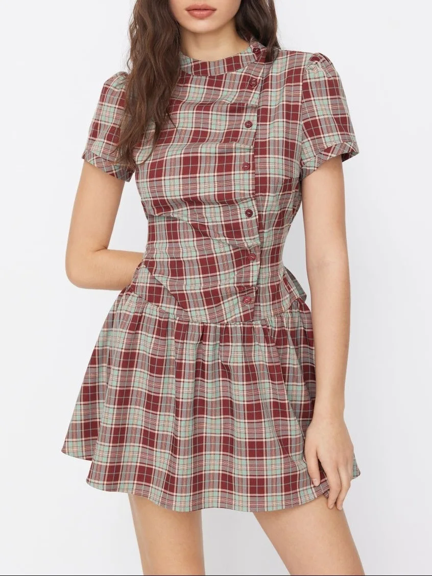 Damen Vintage Kariertes A-Linien-Minikleid Kurzarm Stehkragen Knopfleiste Plissiert Lässig Elegant Modisch
