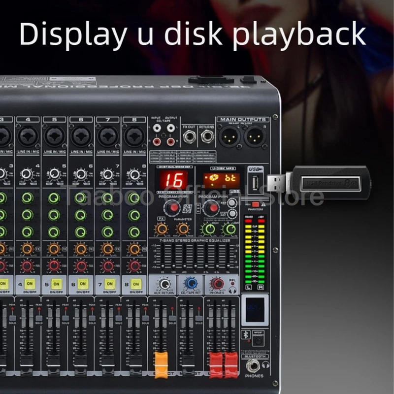 Audio Mixer 4/6/8/12 Channel 5.0 Bluetooth 48V Phantom Power DSP Mixing Console 7 Band EQ Sound Box XLR/USB/TRS for Karaoke DJ