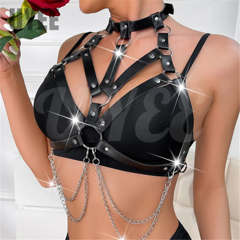 Uyee Sexy Open Bra Harness Pu Leather Women Beach Bikini Bdsm Bondage Hollowed Out Bra Cage Gothic Punk Bdsm Erotic Lingerie