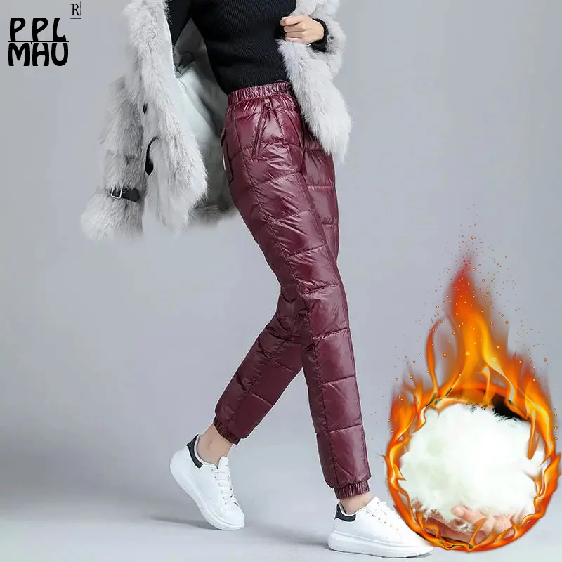 Ultralight Windproof Winter Pants Women Oversize 4XL Down Sweatpants Warm Snow Stretch Jogger Fashion Pocket Zip Baggy Trousers