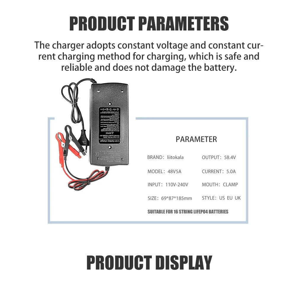 

LiitoKala 16S-58.4V5A Charger Electric Bicycle Charger 58.8V 4amp For 16S 48V LiFePO4 outdoor Battery Charger