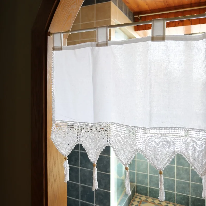 Rustic Short Kitchen Curtain Handmade Hollow Flower Crochet Lace Tassel Half Window Curtain Valance Cabinet Cover Door Curtains 3
