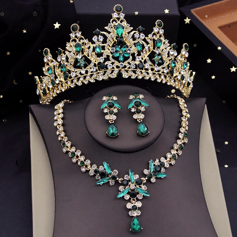 Luxury Green Crown Bridal Jewelry Sets for Women Tiaras Necklace