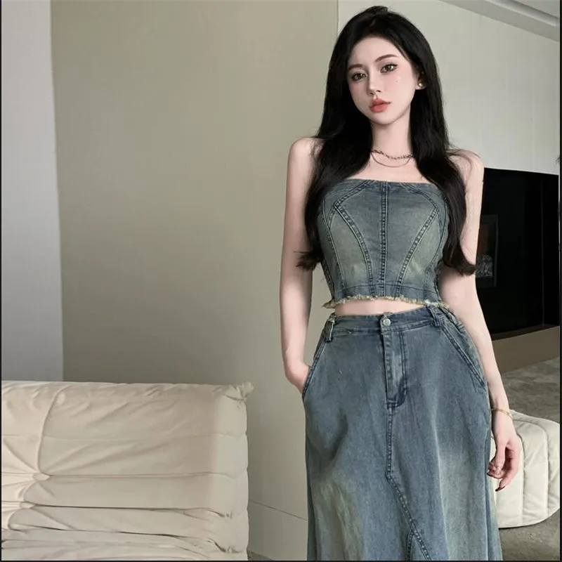 

Street Fashion Sexy Y2k Hotsweet Girl 2 Piece Denim Dress Suits Slash Neck Strapless Camis Vest&High Waist A Line Skirt Sets