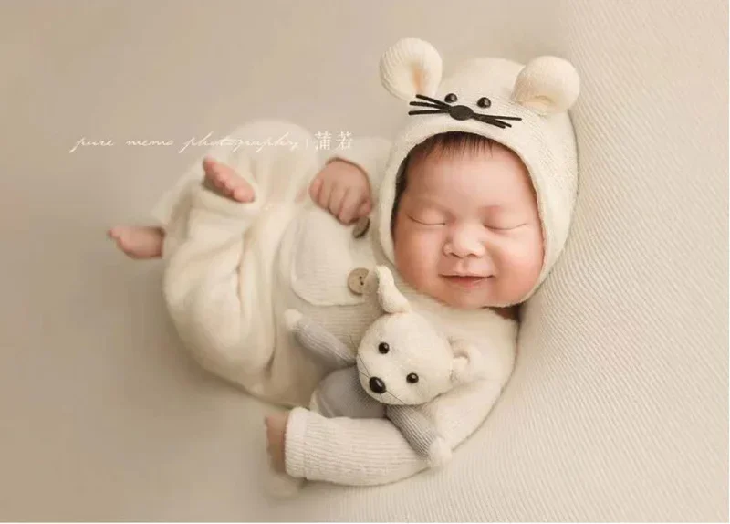 newborn-photography-props-suit-knitted-cotton-jumpsuit-hat-mouse-doll-infant-photo-shooting-clothes-outfits-disfraz-bebes