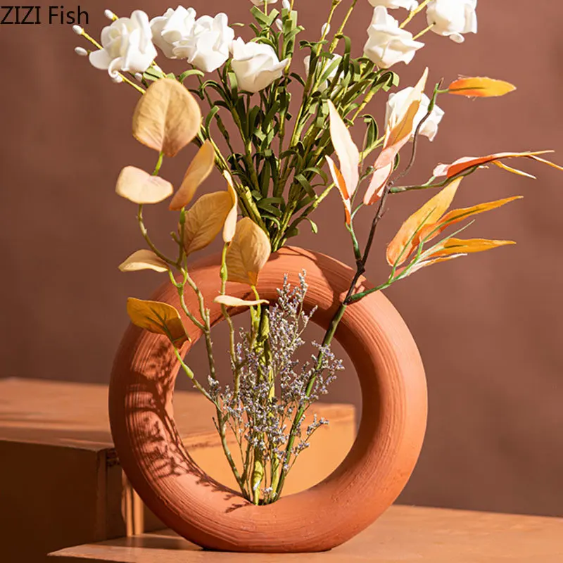 Orange Circle Ring Ceramic Vase Flower Pots Decorative Flower Arrangement Desk Decoration Ornaments Minimalism Floral Vases 4