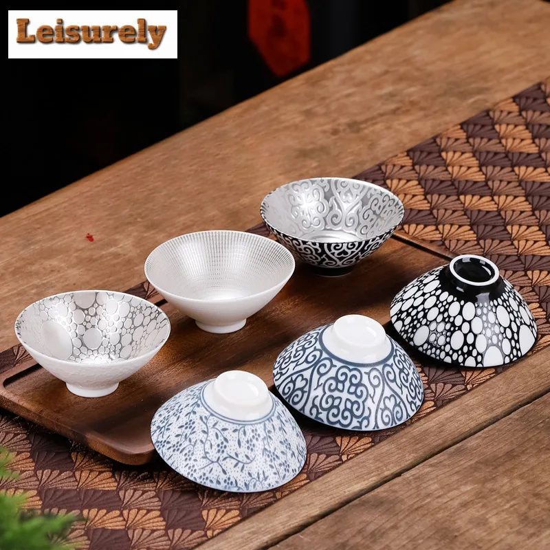 70ml Antique Blue and White  Inlaid Silver Tea Cup Ceramic Master Cup Large Tea Bowl Single Cup Kung Fu Tea Set Chinese Tea Cup