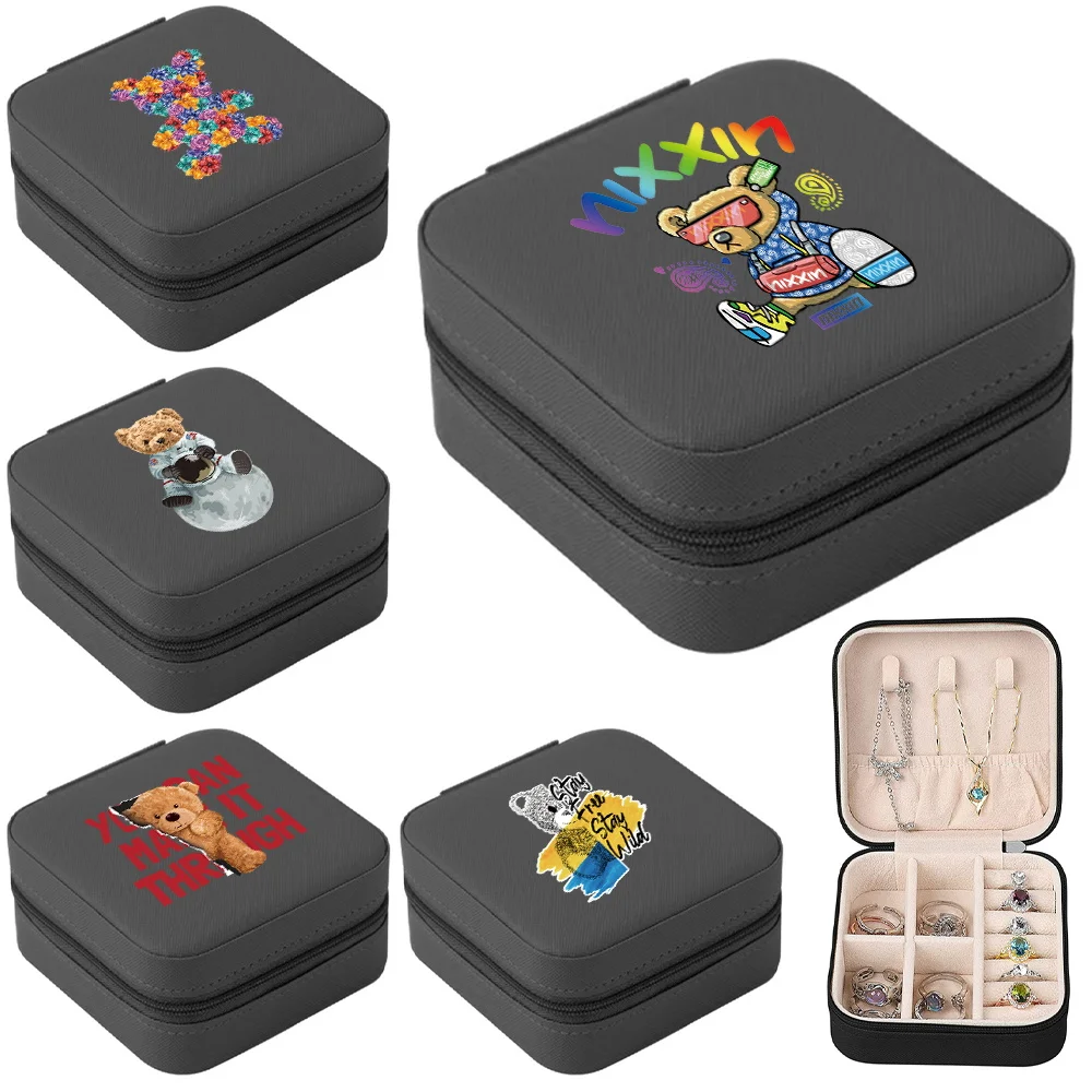 

Earring Ring Necklace Storage Box Holder Organizer Jewelry Display Zipper Travel Jewelry Case Storage Box New Leather Bear Print