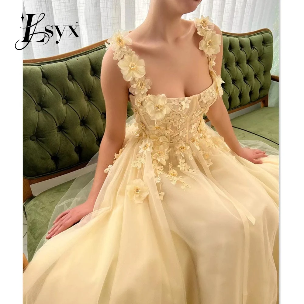 

LSYX Yellow Handmade 3D Flower Vestido De Novia Bright Yellow Prom Gown Princess A-line Prom Dress Fairy Sleeveless