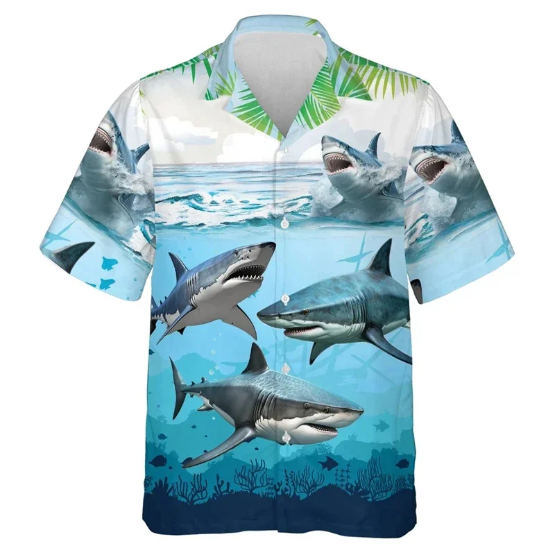 thumbnail image 1 of Camisa hawaiana con estampado 3D de tiburón divertido para hombre, blusa con gráfico de animales, camisas hawaianas informales de verano para vacaciones, blusa con solapa de surf de manga corta, 1 of 5