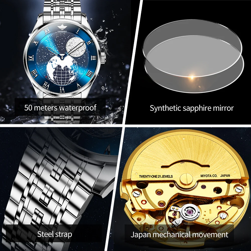 OUPINKE 3230 Men's Watches Starry Sky Earth Dial Waterproof Automatic Mechanical Watch Double Needle Design Imported Movement
