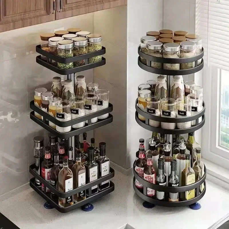 360°Rotation Spice Rack Non-Skid Organizer Jar Carbon Steel Storage Tray For Seasonings And Spices Cans For Kitchen Accessories 3