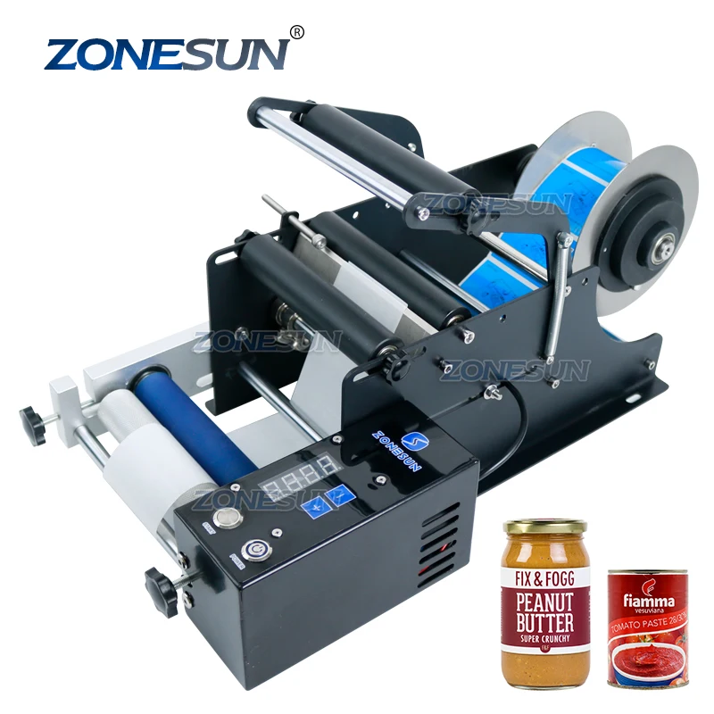 

ZONESUN Small Desktop Semi Automatic Spirits Wine Tin Cans Jar Round Bottles Sticker Labeling Applicator Machine