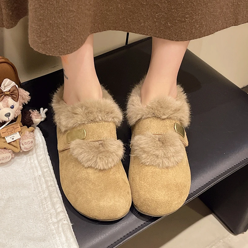 Aphixta Metal Buckle Loafers Warm Winter Shoes Furry Women Loafers Leopard Print Suede Shoes Short Plush Lining Flat Heel Shoes