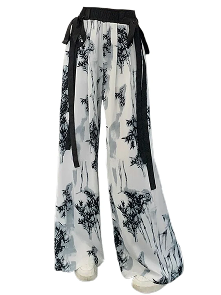 

Retro Printing Elastic Waist Trousers Women Summer Fashion Lace Up Wide Leg Pants Ladies Casual Loose Full Length Y2k Streetwear
