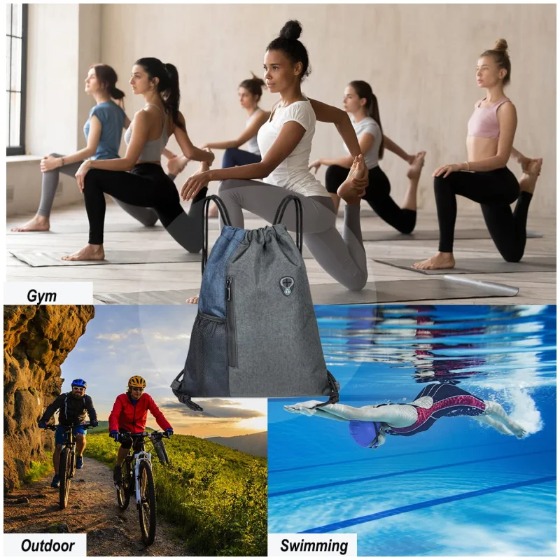 Bolsa de gimnasio impermeable con cordón, mochila de PE con cremallera y bolsillos de malla, lo mejor para deportes al aire libre, Yoga y natación, hombres y mujeres