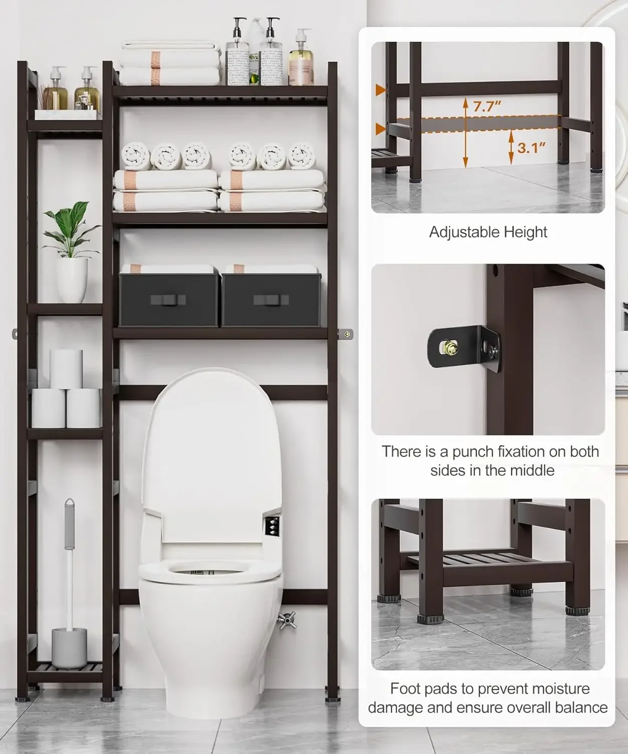 with Basket and Drawer, Bamboo Bathroom Organizer with Adjustable Shelf & Waterproof Feet Pad, Rack for Restroom, Laundry, Brown 5