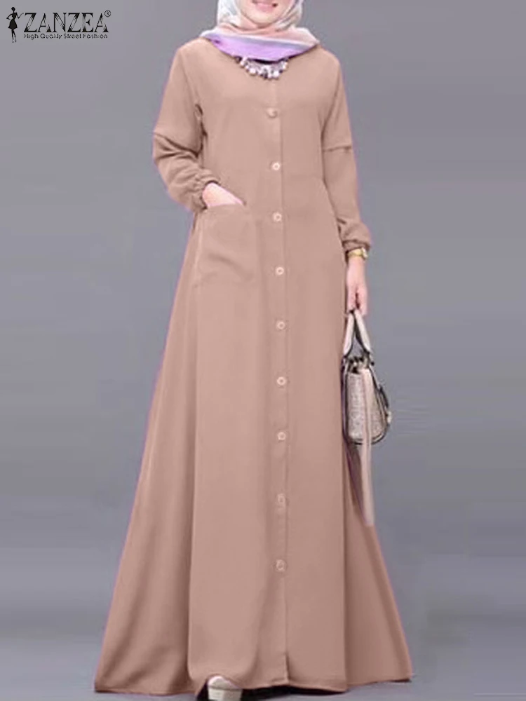 

Модное женское платье ZANZEA с длинным рукавом, мусульманская абайя, весеннее повседневное свободное платье макси, винтажный сарафан из Дубая, индейки, мусульманская одежда