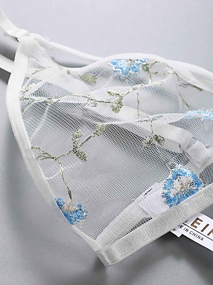 Intimo Completo sexy Reggiseno trasparente Donna 2 pezzi Ricamo floreale Completo intimo in pizzo senza reggiseno di supporto in acciaio_voghion.com