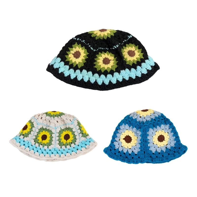 

Handmade Knit Bucket Hat for Woman Teenagers Outdoor Foldable Flower Fisherman Hat Wide Brim Spring Summer Anti-Uv Hat