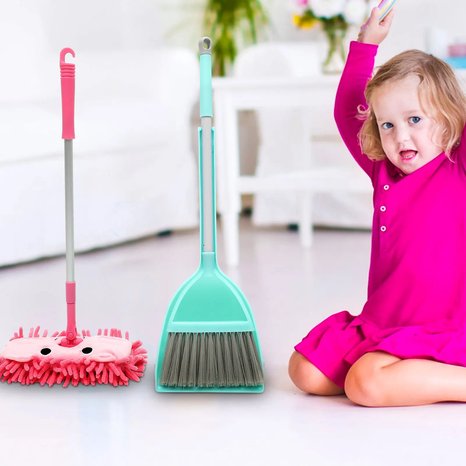 어린이 청소 도구 세트 미니 빗자루와 걸레 콤보, 역할놀이 집안일 학습 활동 교육용 가정 역할놀이 세트