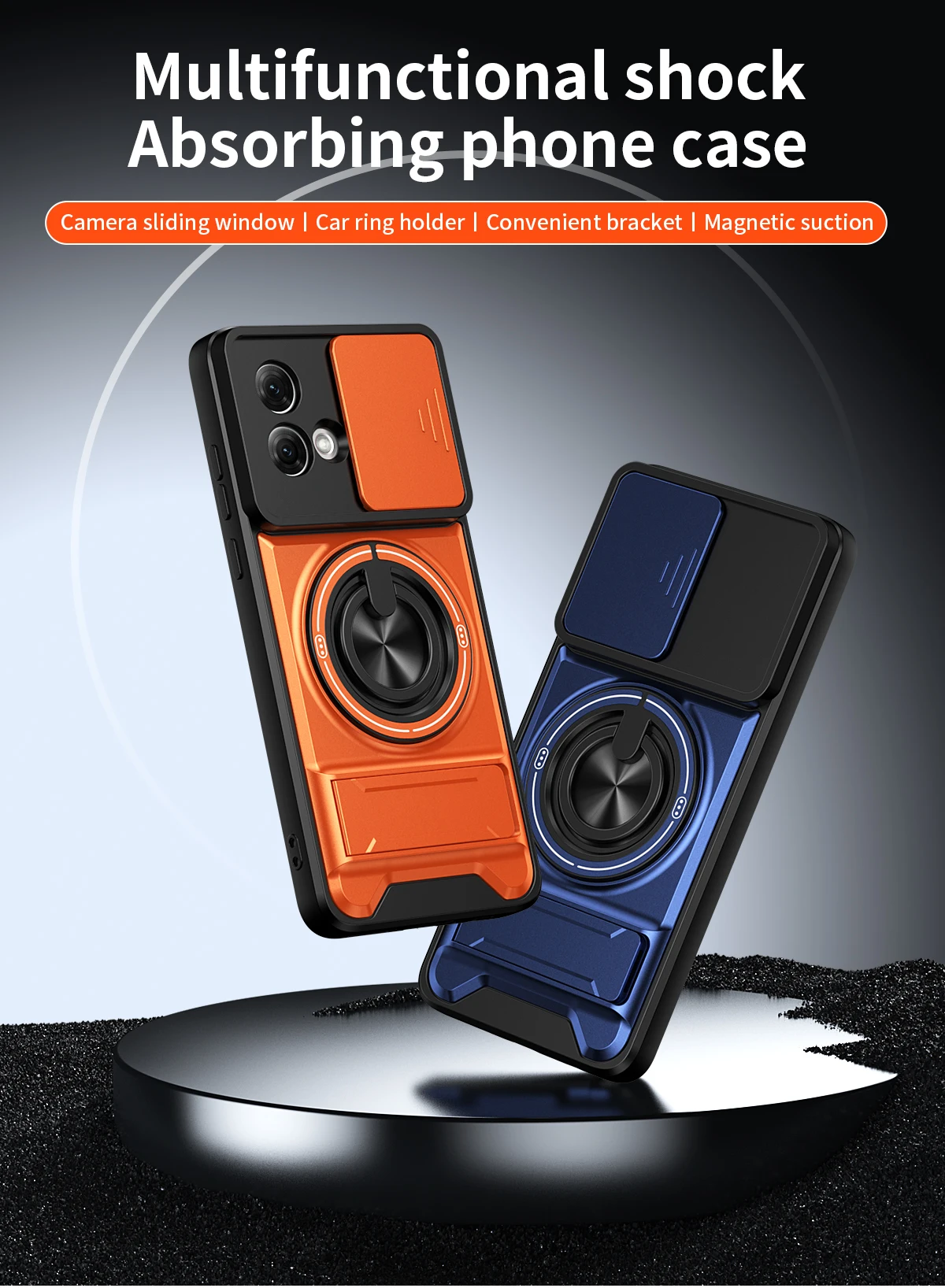 Rotating Magnetic Ring Holder Phone Case with Lens Slide and Kickstand Cover