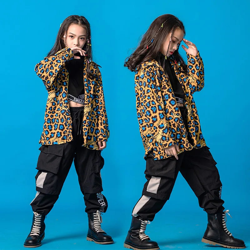 

Children Leopard Print Shirt Suits Girl Boy Show Dance Hiphop Fashion Retro 2Pcs Kids Clothes Set Catwalk Costume 8 10 12 Years