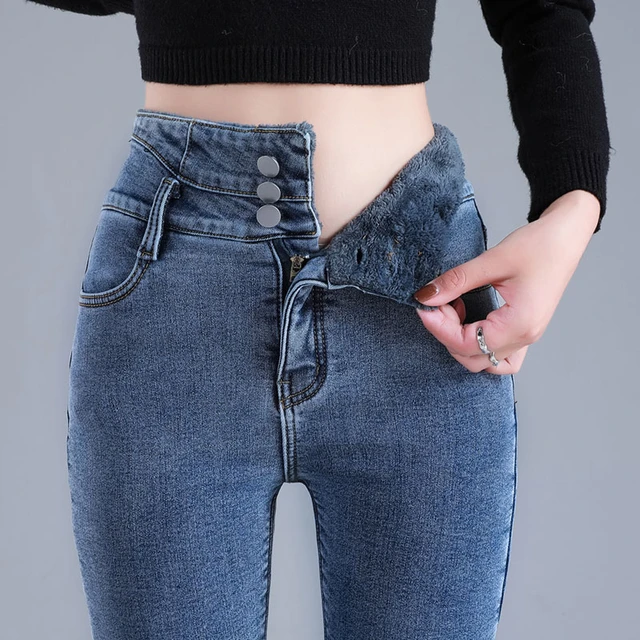 Jeans térmicos para mulheres, calças stretch de pelúcia, cintura
