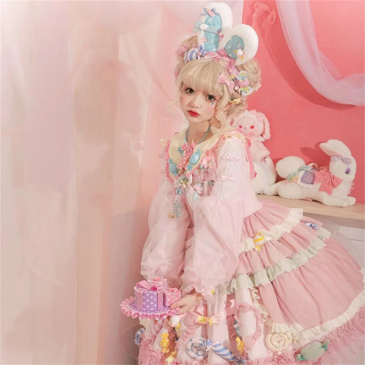 Japanese Style Sweet Girls Cosplay Jsk Kawaii Lolita Cute Loli Candy Party Doll Collar Striped Bow Lace Polka Dot Ruffle Dress
