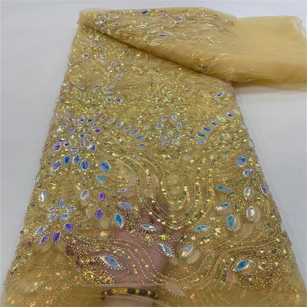 

French Sequin Lace Tulle Fabric 2023 High Quality African Luxury Bead Tube Embroidered Fabric For Dress Sew RF3750
