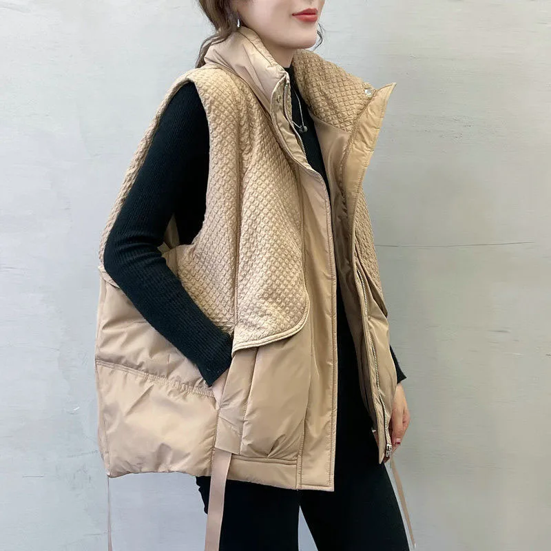 

New Womens White Duck Down Waistcoat Autumn Winter Loose Casual Sleeveless Down Coat Diamond Grid Splicing Female Vest Outerwear