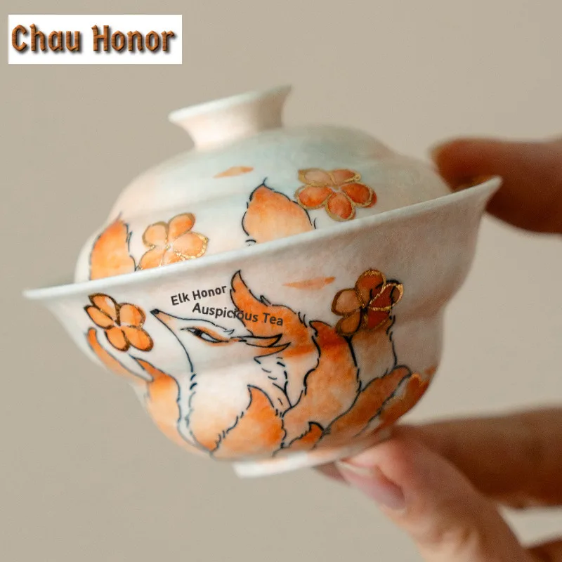 55ml Pure Hand-drawn Nine-tailed Fox Gaiwan Handmade Tea Tureen Tea Bowl with Lid Kit Tea Making Cover Bowl Cha Collection Gift
