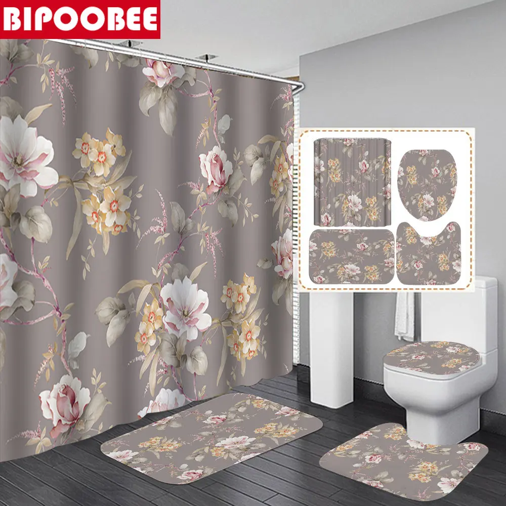 

Pink Flowers Print Shower Curtain Bathroom Curtains Toilet Cover Bath Mat and Pedestal Rugs Waterproof Fabric Bathtub Curtains