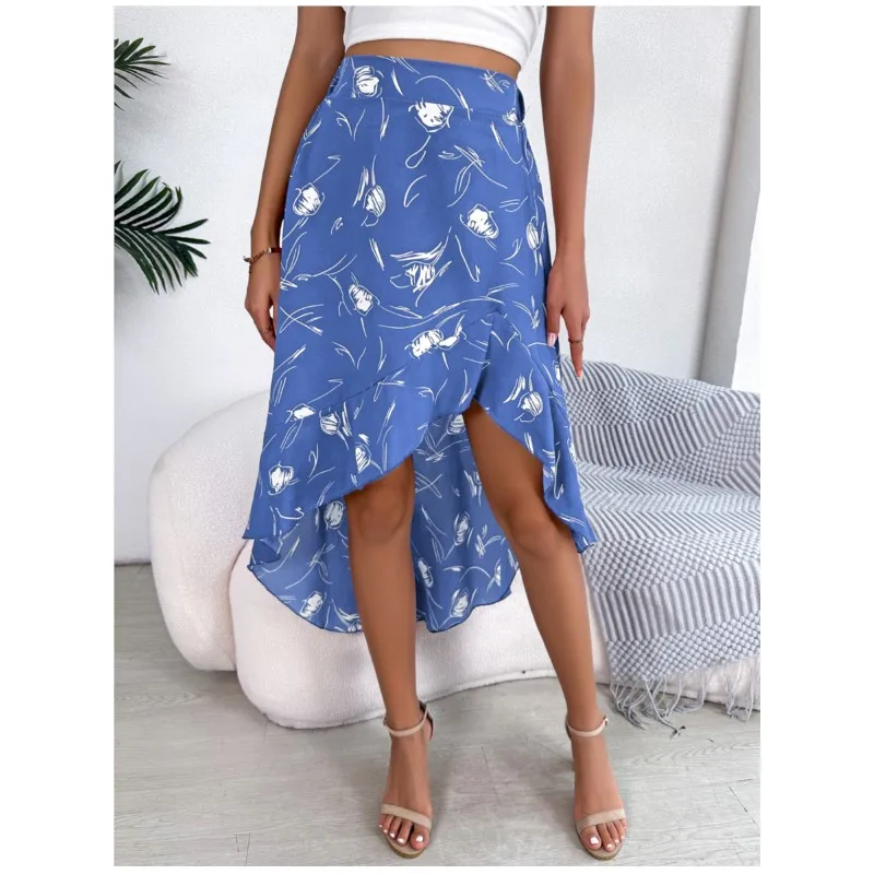 

2023 Spring/Summer New Casual Flower Asymmetric Ruffle Edge Mid Length Skirt Sexy Fashion Women's Slim Fit Versatile Skirt