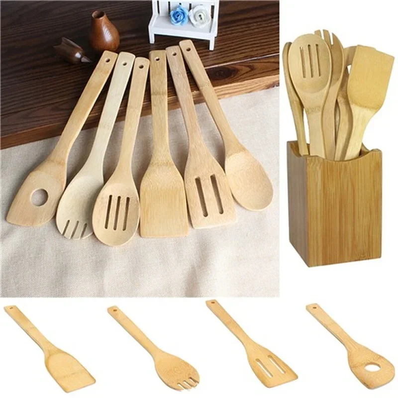 Kitchen Utensils 1/6pcs Bamboo Spoon Spatula Cooking Tool Mixing Set