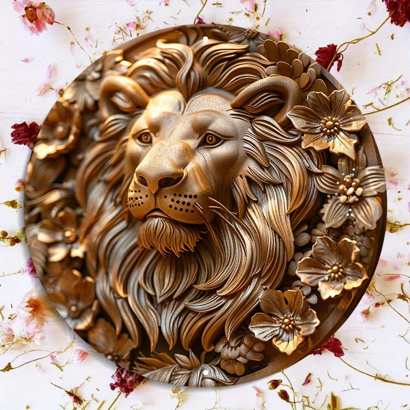 Wanddekoration mit rundem Löwenporträt und Golddruck, Aluminium-Metallschild, wetterbeständig, HD-Druck, Türhänger, Kranzdekor – Detail 11