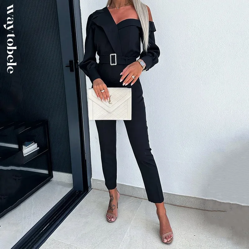Waytobele Women Jumpsuit Autumn Stylish Office Solid Long Sleeve One Shoulder Irregular Nipped Waist With Pockets Belt Romper new women cargo overalls casual loose solid rompers jumpsuit streetwear tie up sleeveless solid loose long pants with pockets